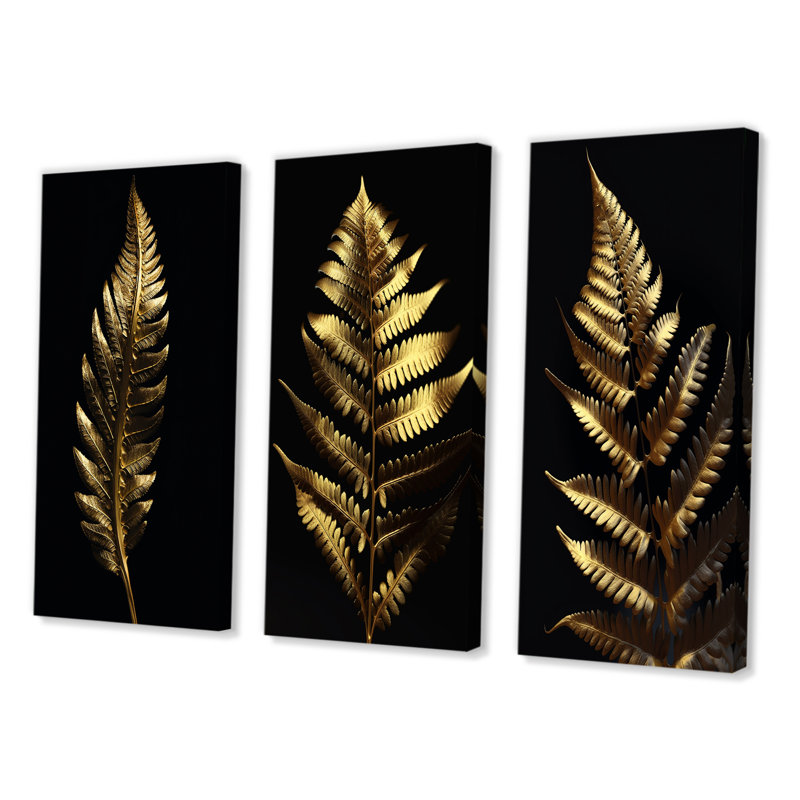 Golden Fern Leaf on Black IV - 3 pièces, Toile tendue, H 32 po x l 48 po