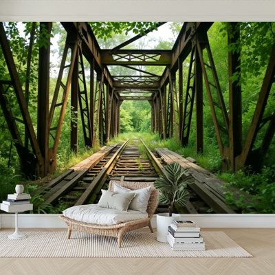 Peel and Stick Wallpaper 96" W x 69" H Modern Self Adhesive Wall Mural for Bedroom Rustic Railroad Bridge Overgrown Greenery Nature