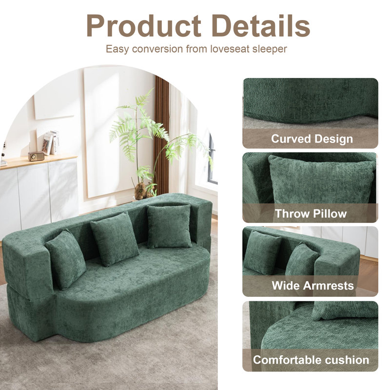 Azareu Upholstered Convertible Folding Sleeper Sofa Bed with 3 Pillows,No Assembly, Green