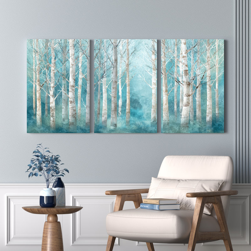 «Birch Tree Forest Blue Mist», reproduction d'art sur toile tendue sur toile, ensemble de 3, H 24 po x l 48 po