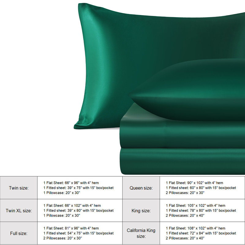Lustrous Satin Bed Sheet Set Luxury Soft Durable, Dark Green, Twin Sheet Set with 1 Pillowcase