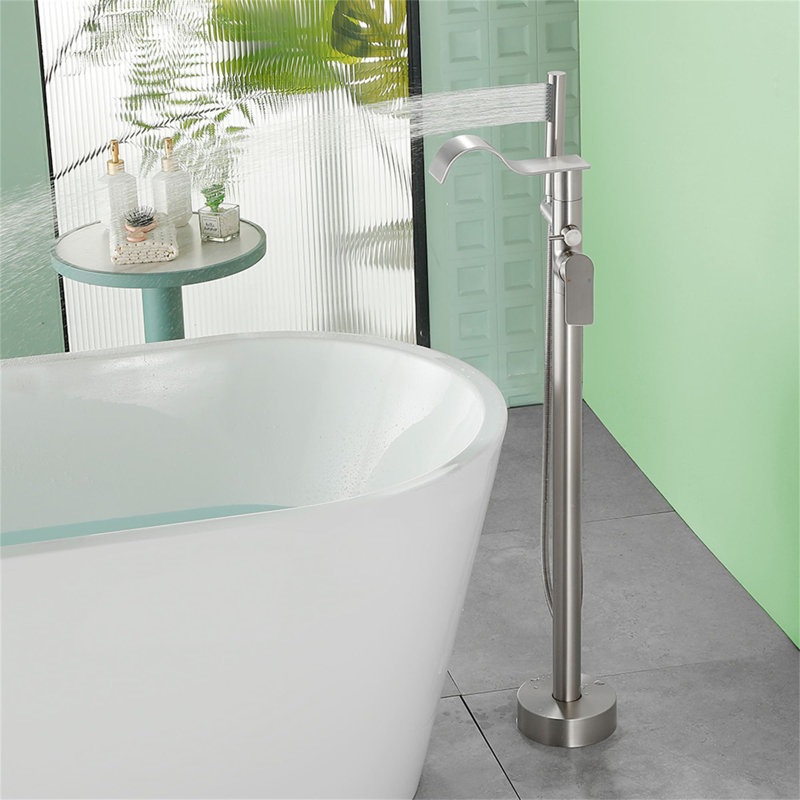 Robinet de baignoire autoportant avec douche à main à un trou, robinet de baignoire à cascade, robinets de baignoire à fixation au sol à 2 poignées avec valve