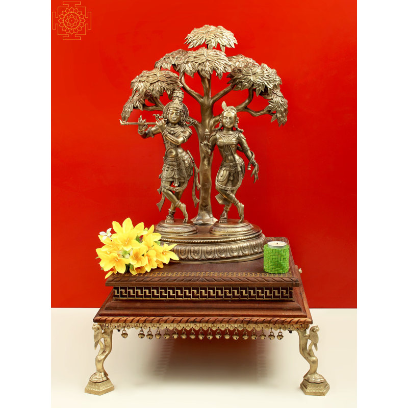 21" Superfine Bronze Radha Krishna Idol Standing Under Tree – Handcrafted Hoysala Art Solid Cast Sculpture for Home & Temple Decor