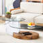 Table basse contemporaine avec marbre blanc et fusion de grain de bois, verre trempé de haute qualité, pieds stables, surface de base à double couche à double motif à rayures, éraflure ovale, facile à assembler