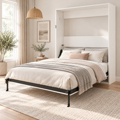 Lit escamotable Wallurest Queen avec verrouillage de sécurité, blanc, 165 cm, cadre en métal, 26 lattes en bois massif multicouches, pieds automatiques, assistance hydraulique à deux niveaux
