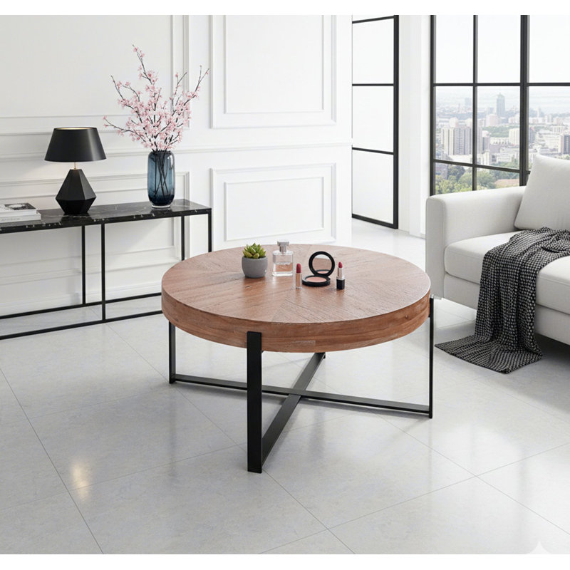 Table basse épissée moderne rétro avec plateau en bois de sapin et pieds croisés, H 17,72 po x L 33,86 po x l 33,86 po, Noir