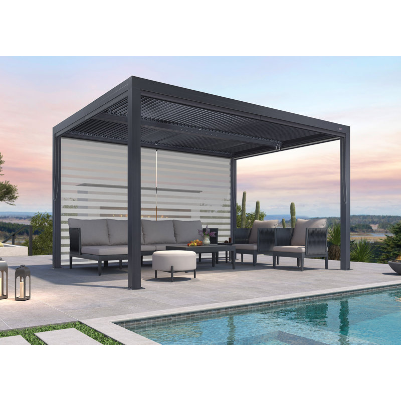 Aluminum Pergola with Roller Shade, 1 Long Side, Gray, 13' x 11'
