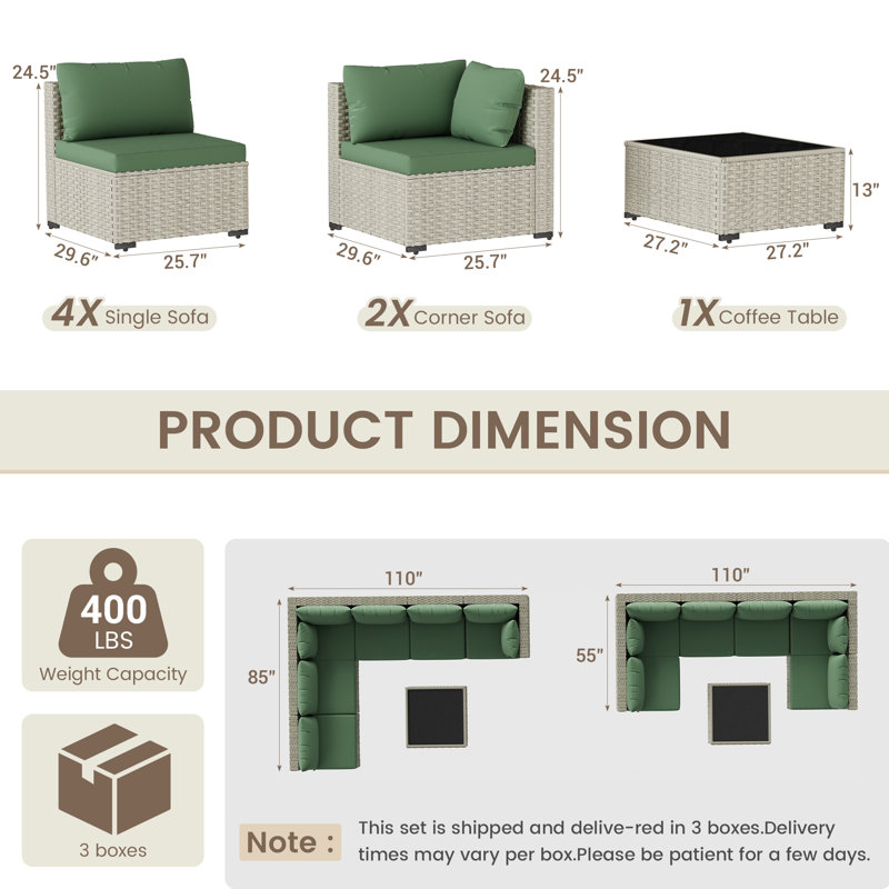 Ensemble de conversation 7 pièces en rotin pour patio avec coussins 7 pièces, Vert
