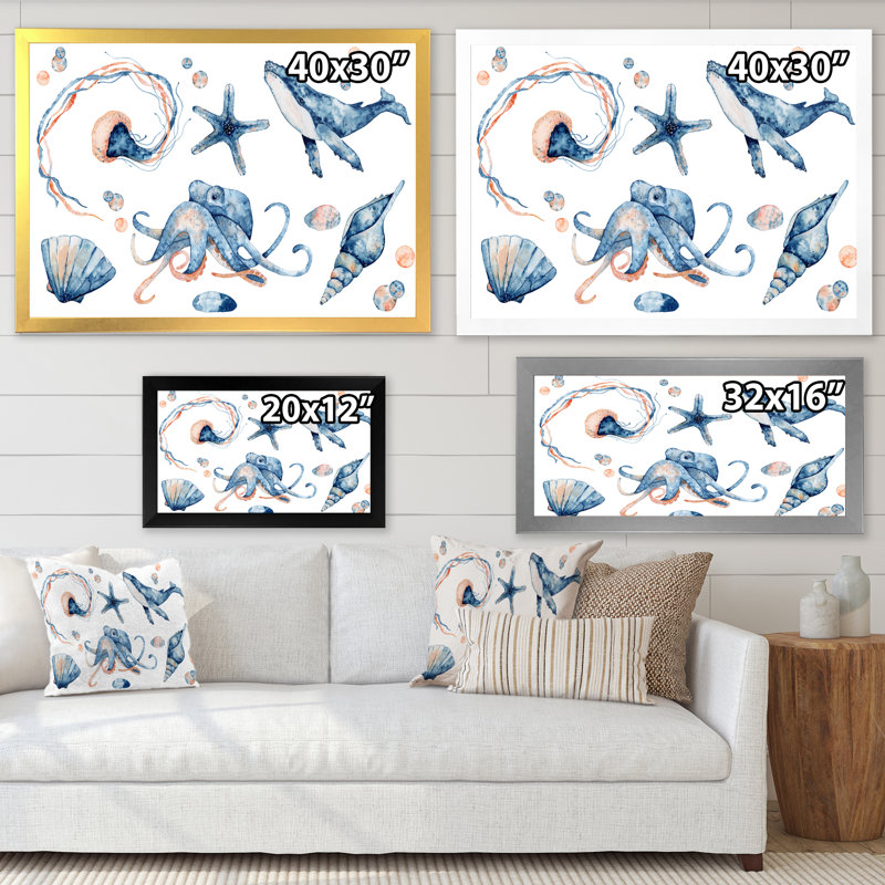 «Blue Ocean Fish Medusa Whale Seahorse Octopus», reproduction sur toile, H 16 po x l 32 po x P 1 po, Cadre photo noir