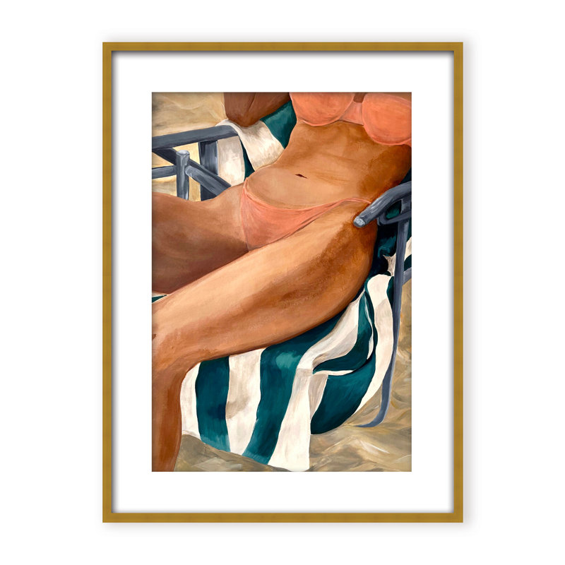 Coastal Retreat Riviera Retreat: Woman Lounging On Beach Towel And Chair, 40" H x 30" W x 1.125" D, White, Framed Print