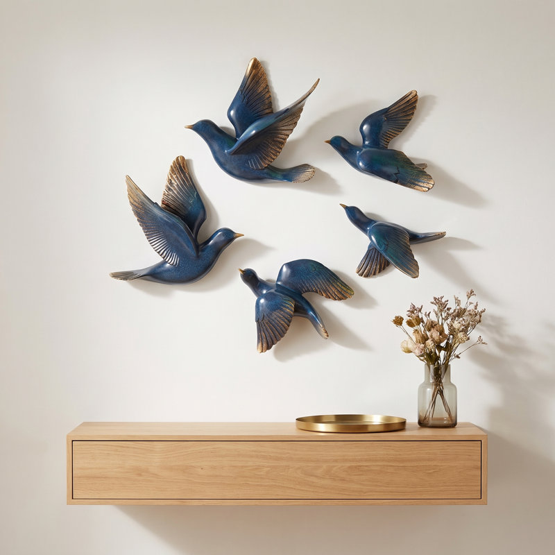 Ensemble de 5 sculptures murales en résine représentant des oiseaux en vol modernes, décoration murale 3D pour l'intérieur.