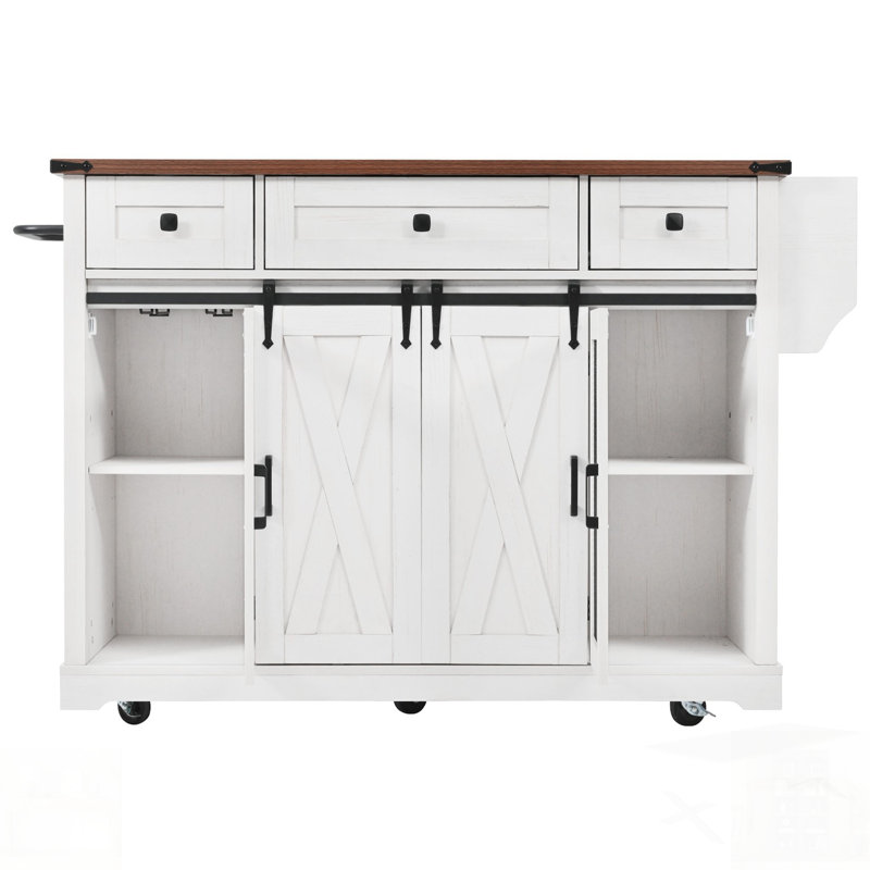 Îlot de cuisine de ferme polyvalent avec rangement, porte de grange coulissante, côté grille métallique et abattant, parfait pour les cuisines modernes et rustiques.