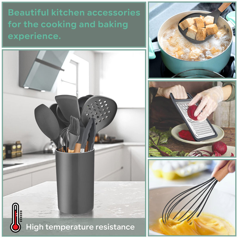 Kitchen Utensils Set,  25 Pieces Soft Silicone Cooking Utensil Set With Holder, Natural Wooden Handle Kitchen Spatula Spoon For Cooking Baking, Non Stick & Heat Resistant,