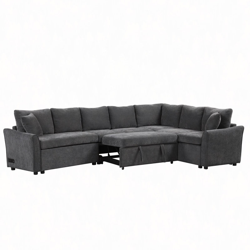 124.8"L-Shaped Sofa Convertible Sofa Bed Pull Out Sofa Sleeper With Two Back Pillows, Two USB Ports And Two Power Sockets