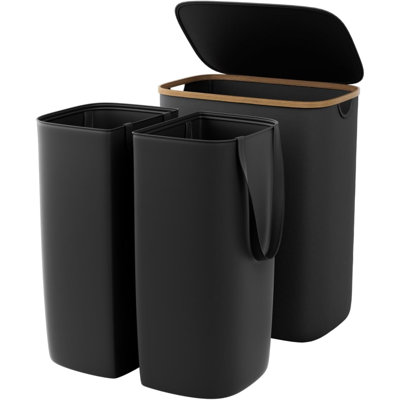 Double Laundry Hamper With Lid 150L Large Laundry Basket With Bamboo Handles Foldable Clothes Hampers With 2 Removable Liner Bags For Laundry For Bedroom Bathroom Dorm Laundry Room, Black