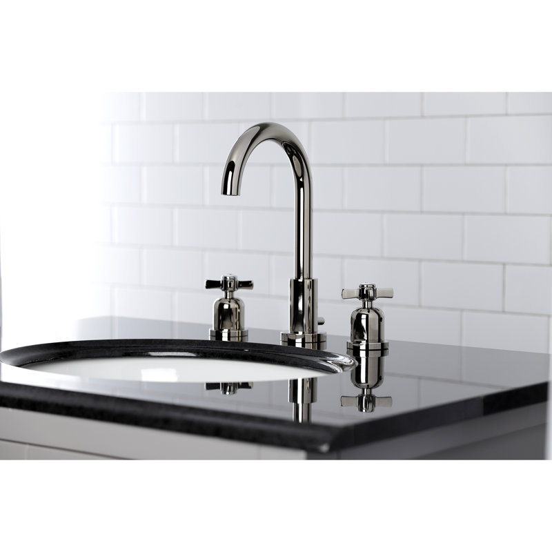 Kingston Brass Millennium Two-Handle 3-Hole Deck Mount Widespread Bathroom Faucet with Brass Pop-Up Drain, Polished Nickel