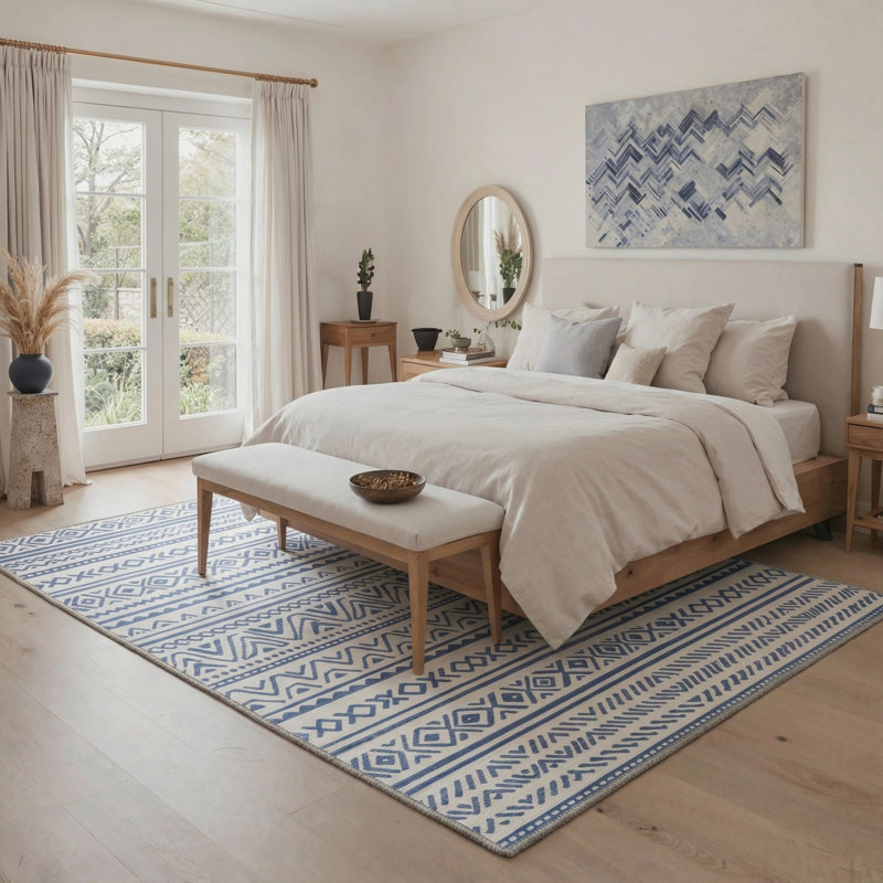 Geometric Stripes Machine Washable Slate Blue Indoor Area Rug With Non-Slip Backing, Rectangle 6' x 9'