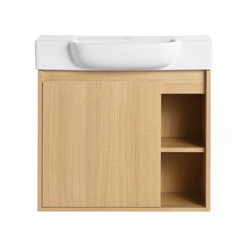 24'' Wall-Mounted Bathroom Vanity With White Ceramic Sink & Soft-Close Door, , Light Oak, 24", Light Oak