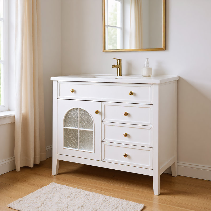 Meuble-lavabo autoportant 36 po avec éclairage à capteur, lavabo en verre à motifs et rangement Farmhouse, Blanc