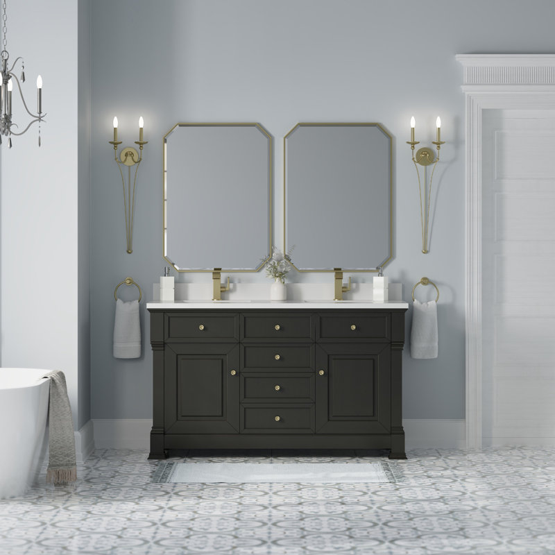 Brookfield 60'' W Double Vanity, White Zeus, Single Hole, Black Onyx