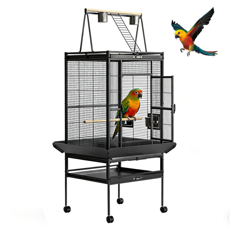 Cage à oiseau de 68 po de hauteur avec plateau de jeu et support, grand habitat en fer forgé pour perroquets, cacahuètes et perruches