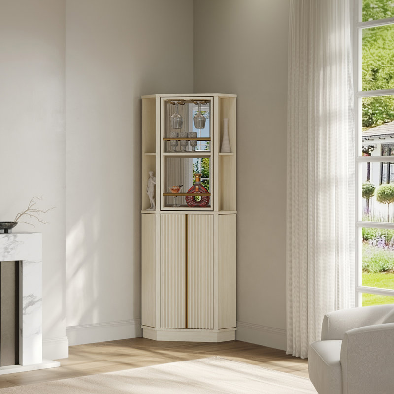 67.9" Tall Corner Bar Storage Cabinet w/ Rotating Wine Rack, White Sand