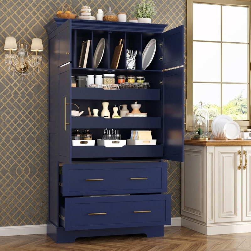 Garde-manger autoportant avec plateaux coulissants et rangement pour moules à gâteaux, Bleu