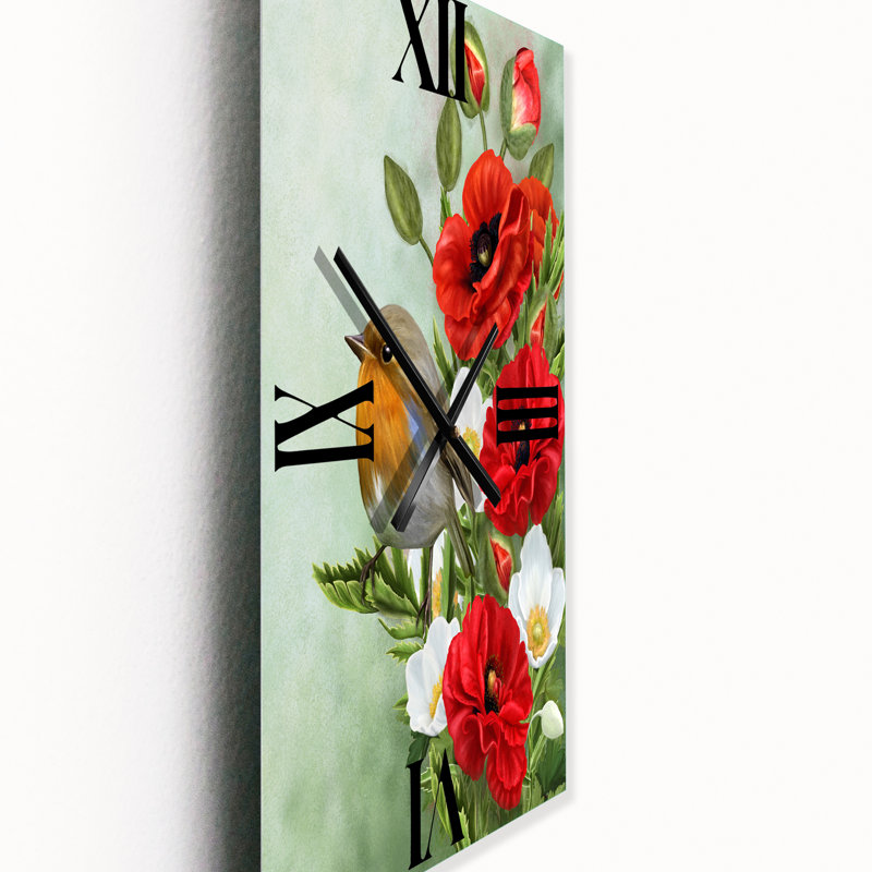 Horloge murale oiseau avec coquelicots et anémones, Petit