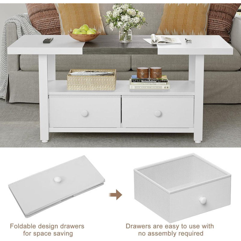2-Tier Coffee Table With Storage Shelf And 2 Drawers, 46'' Rectangular Centre Table Wood Top For Living Room Reception Room, Metal Frame, Easy Assembly, Oak