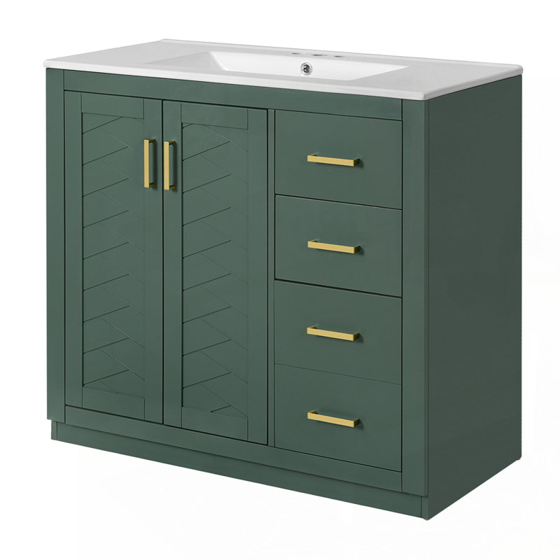 Meuble-lavabo de qualité supérieure avec lavabo en céramique et rangement abondant, Vert, 36"