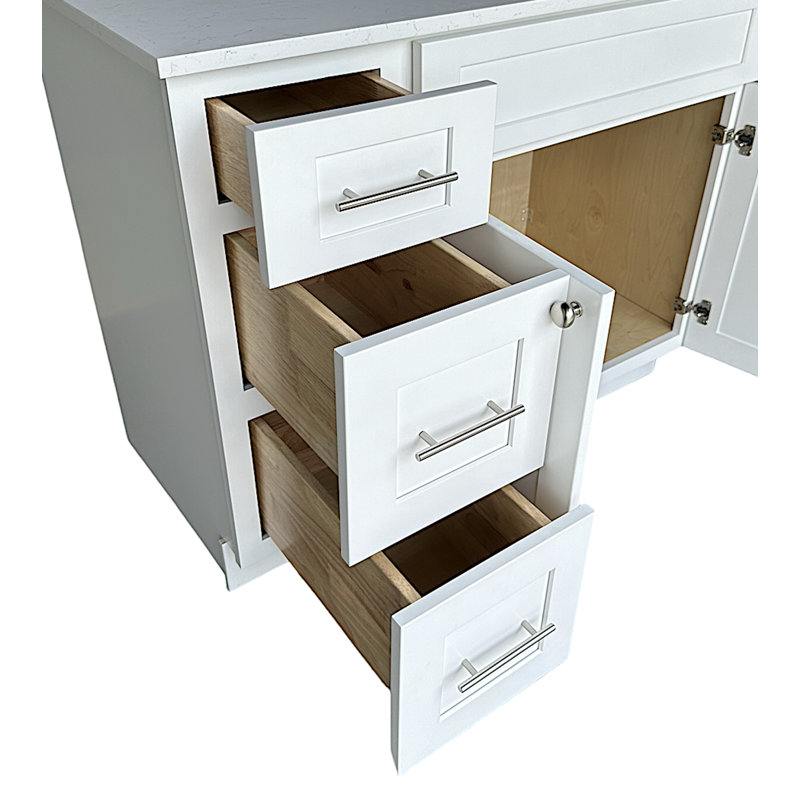 Disar 66'' Single Bathroom Vanity With Right Linen Tall Cabinet Dovetail Solid Wood Drawer Carrara Quartz Top, White