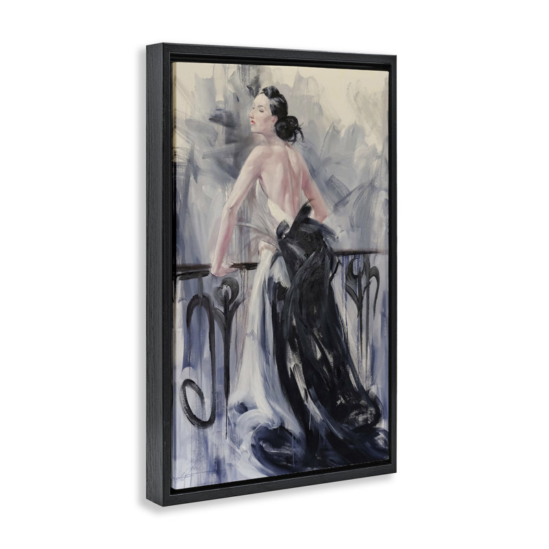 Cadre flottant femme élégante contre une balustrade, design par Lucille Lee, Cadre flottant noir de jais, H 25 po x l 17 po