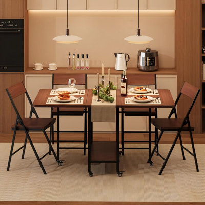 Dining Table Set for 4, Folding Dining Table with 4 Folding Chairs, Drop Leaf Table and Chairs with Swivel Wheels, Hideaway, for Small Space, Kitchen, Dining Room-Walnut