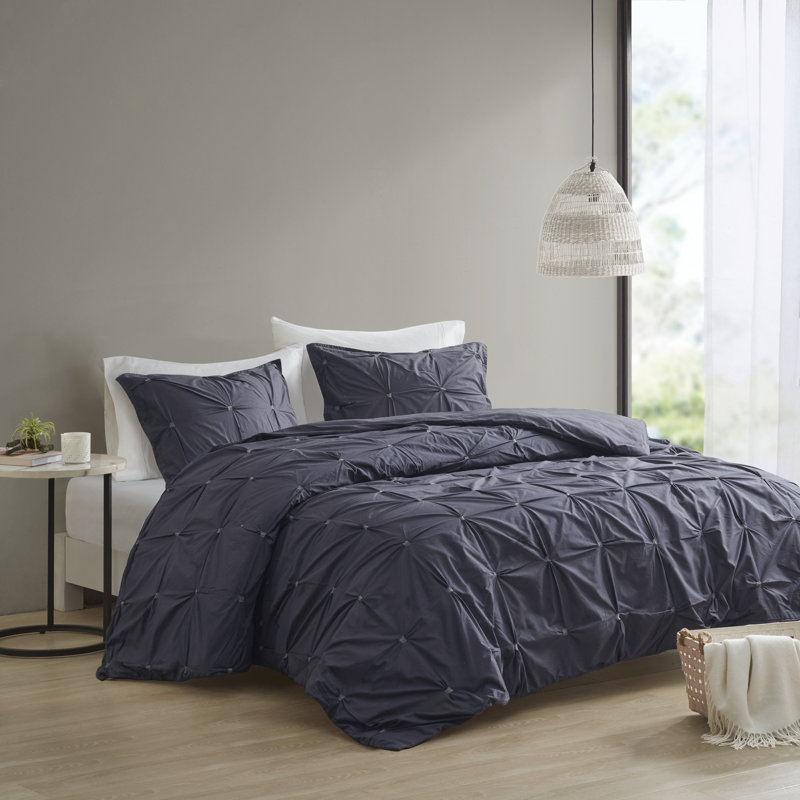Elastic Embroidered Cotton Comforter Set, White, Full/Queen Comforter + 2 Shams