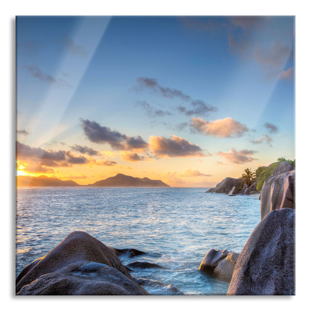 Glasbild Quadratisch | Wandbild Auf Echtglas | Sonnenuntergang Seychellen Inkl. Aufhängung Und Abstandshalter GLAS_LQy10...