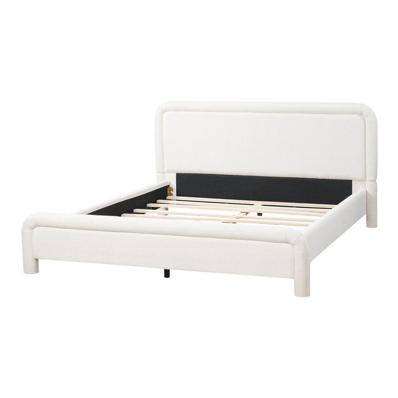 Base de lit tapissier grand format avec tête de lit courbée, lit en tissu moderne avec support en lattes de bois, aucun sommier requis, assemblage facile, blanc