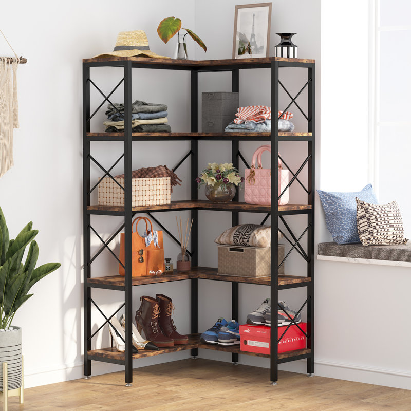 167cm H x 80cm W Metal Corner Bookcase, 167.6cm H x 81.3cm W x 81.3cm D, Black/Brown