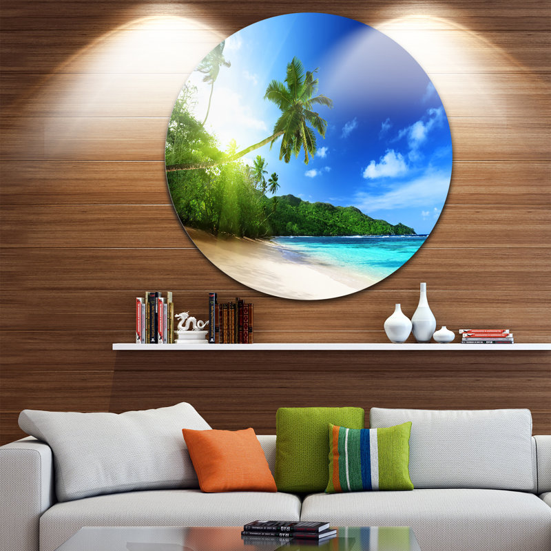 «Sunset Beach with Palm», reproduction de photo sur métal, H 28 po x l 48 po, Métal