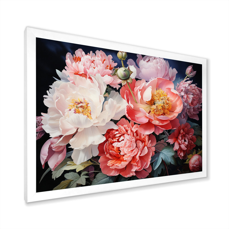 Art de Chine, bouquet de pivoines - Art encadré, H 16 po x l 32 po x P 1 po, Cadre simple blanc