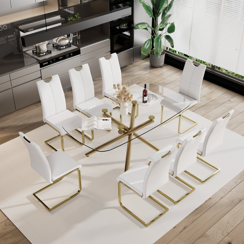 Rectangle Glass Pedestal Dining Set, White, 9