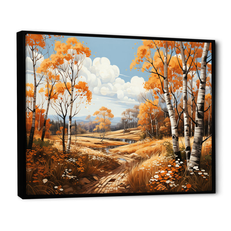 " Birch Woods Gilded Pathway IV ", Black Floater Framed, 34" H x 44" W x 1.5" D
