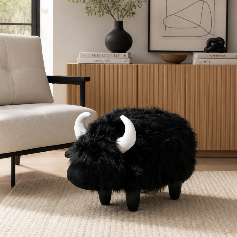 Repose-pieds vache avec rangement caché et tissu de fourrure à poils longs doux