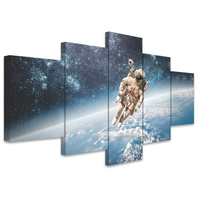 Outer Space " Astronaut Floating In Space Above Earth Abstract Plants Illustrations " 5 - Pieces