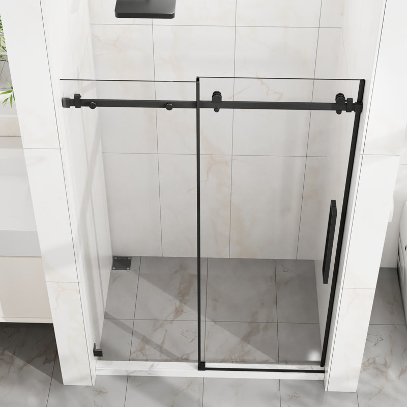 Porte de douche coulissante à largeur réglable de 44 à 48 po, verre trempé transparent de 6 mm, technologie anti-éclaboussures, conception moderne pour porte de salle de bain en verre avec roulettes en acier inoxydable de 1/4 po de 6 mm, finition noir mat