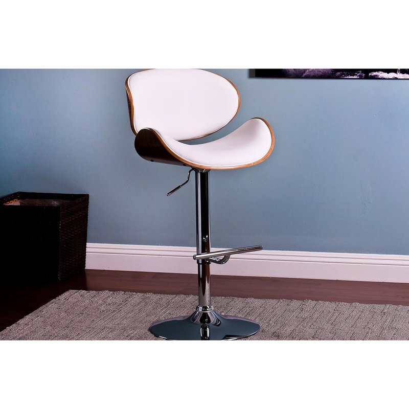 White Modern Swivel Lift Adjustable Height Bar Stool, Contemporary Design, Pedestal Base 36 - 44 Inches, Curved Seat And Back, Walnut Finished Frame, Padded Seat, 21 Inches In Width Depth