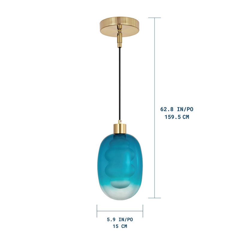 Acento Aura Modern Blue Ombre Glass 1-Light Pendant Light Fixture, Gold Finish, Adjustable Height, Sloped Ceiling Compatible, E26, for Kitchen Island, Dining Room, Entryway