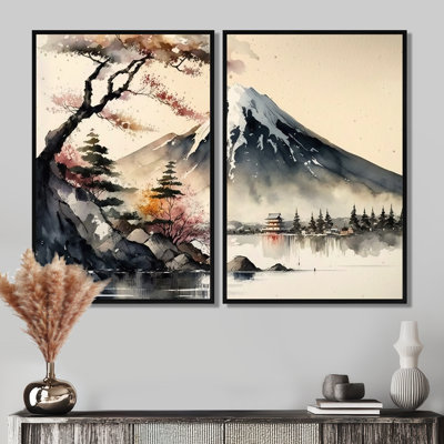 Japanese Landscape In Watercolor II - White Traditional Wall Art 2 Pieces