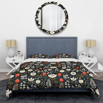 Cottage Elegant Black Plants Meadows III Polyester Box Stitch Floral Duvet Cover Set