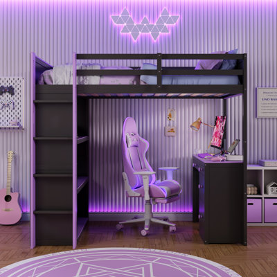 Lit mezzanine une place avec bureau, étagères et tiroirs de rangement, structure en bois massif et MDF, style jeu, gain de place, violet