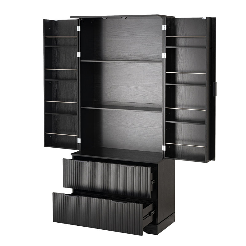 Armoire garde-manger cannelée moderne 72 po avec 2 tiroirs, 8 étagères à épices et 8 tablettes réglables, armoire de rangement autoportante pour la salle à manger, la salle de bain et le vestibule